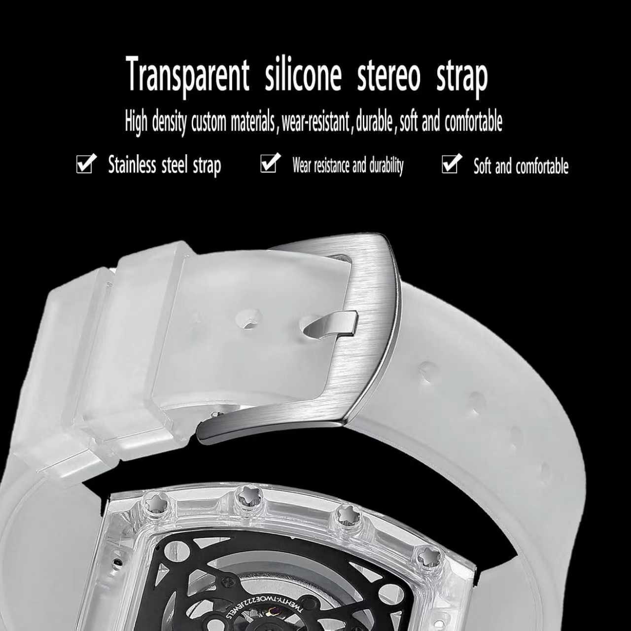 Fashion Hollowed Men Watches Tonneau Transparent Analog Display Silicone Strap Calendar Quartz Waterproof Trend Male Wrist Watch